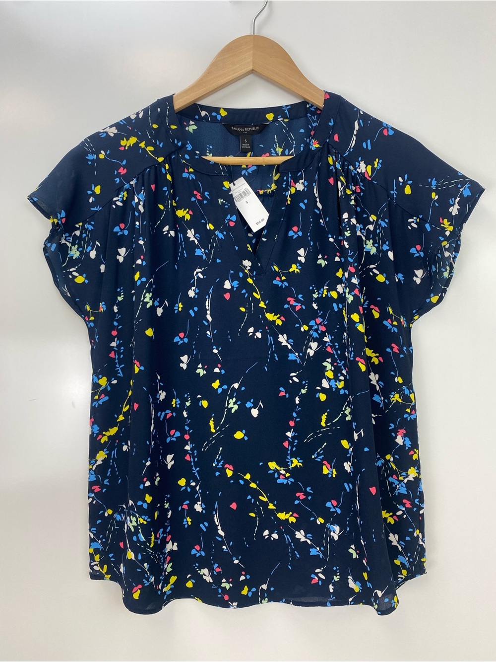Banana Republic Navy Floral-Print Cap Sleeve Blouse